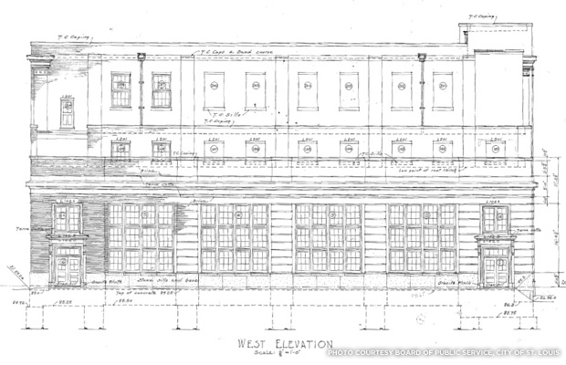 West elevation as drawn on the plans for the Power Plant. Credit: Board of Public Service, City of St. Louis.