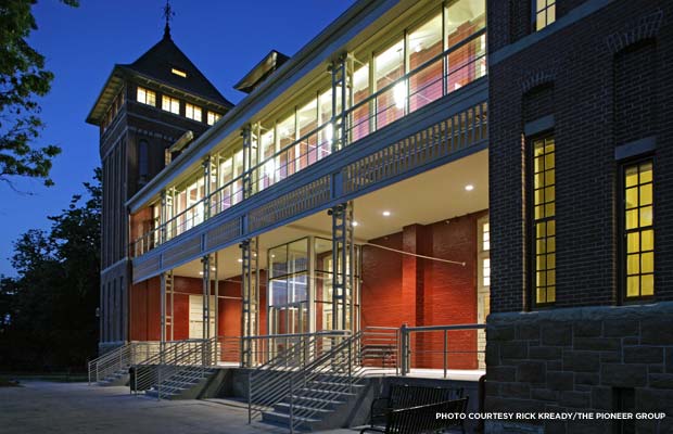 The exterior of the new medical records facility at night. Credit: Rick Kready/The Pioneer Group