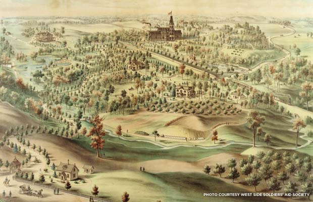 Lithograph of the recuperative village, c. 1875. Credit: West Side Soldiers' Aid Society